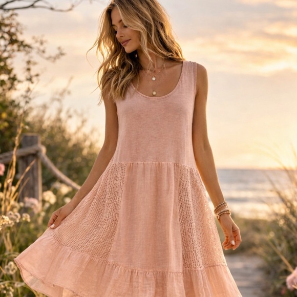 VASNA,Blush Boho Sundress Crochet Lace Panel Lightweight Layered Dress,Size Med - Picture 8 of 11